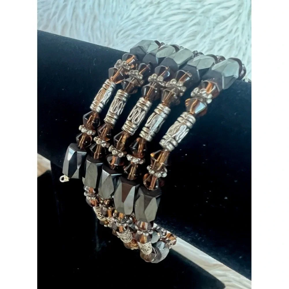 Magnetic Wrap Bracelet Brown Glass Beaded Multi Strand‎ Bronze Black Earthy